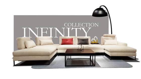 Modern sectional sofa with a coffee table and decorative items, branded 'Collection INFINITY'.