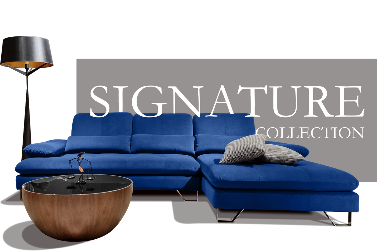 Blue sectional sofa with a lamp and decorative bowl in front of a 'Signature Collection' banner.